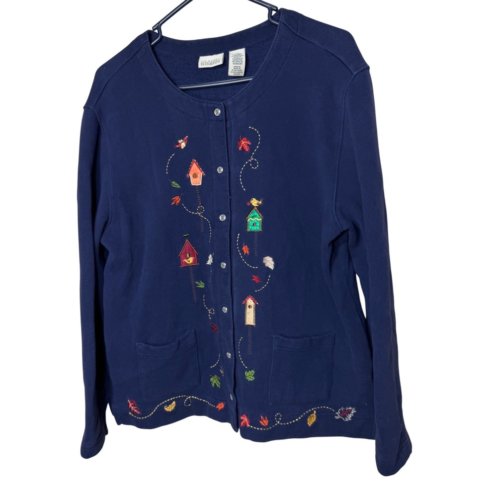 Classic Elements Navy Blue Embroidered‎ Birdhouse Fleece Cardigan Womens Large